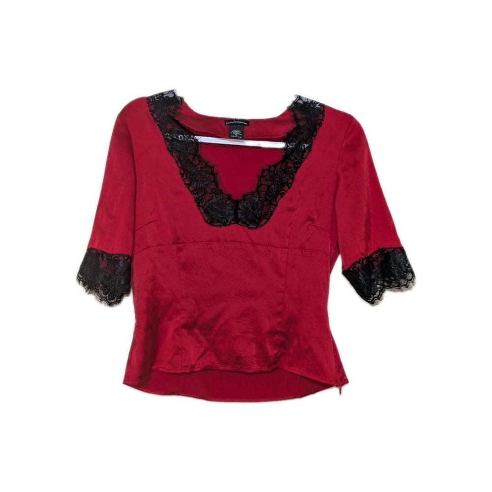 Moda International Whimsygoth Silk Red Black Lace Vampire Blouse Sexy Babydoll